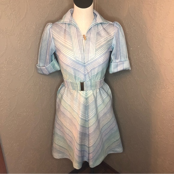 Vintage Dresses & Skirts - Pastel Blue Striped Fit-and-Flare Dress
